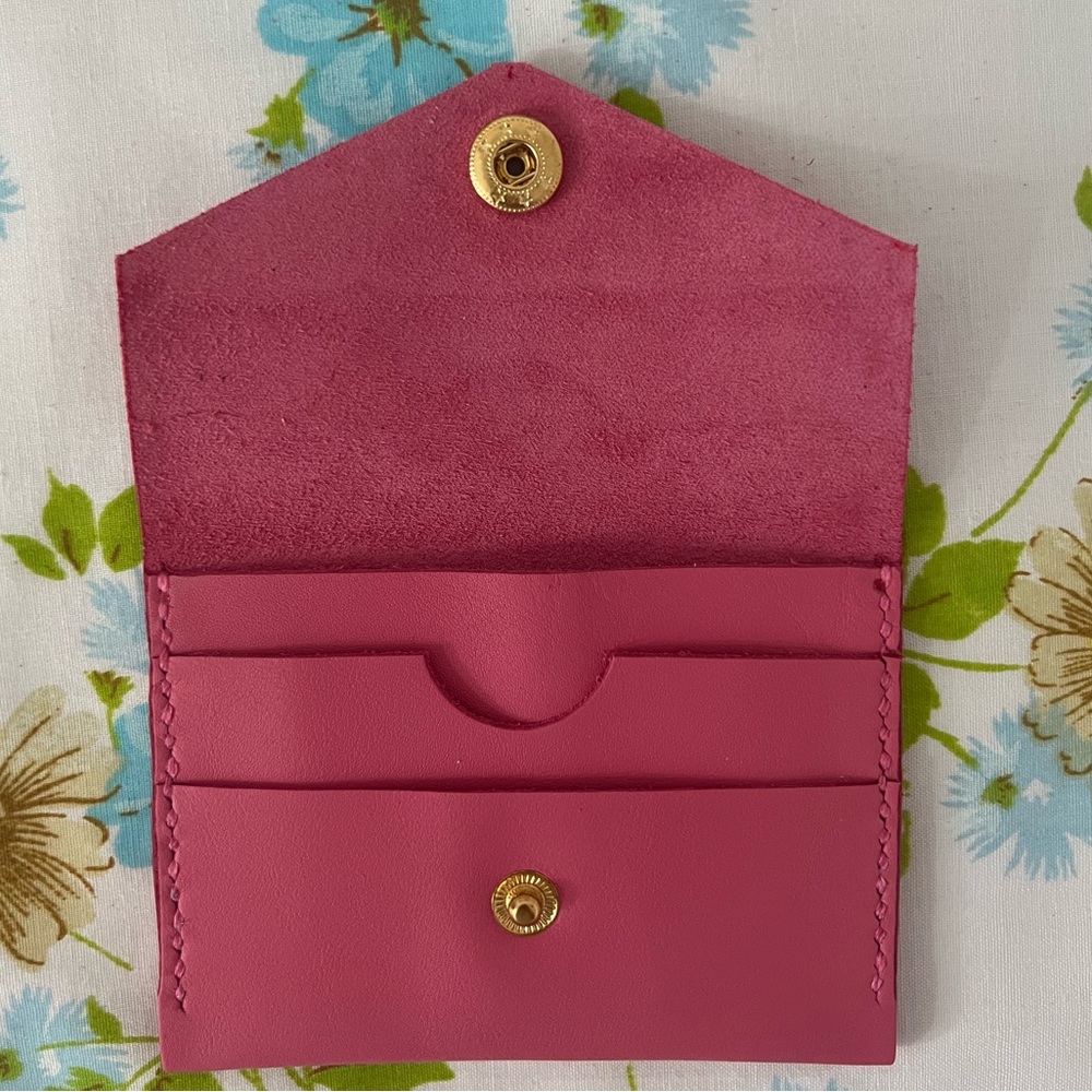 Handmade Genuine Leather Pink Leather Wallet with Gold Button